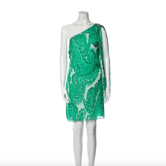 Milly One Shoulder Green Paisley Dress Rhinestone Shoulder Detail Size 8 - Picture 1 of 9